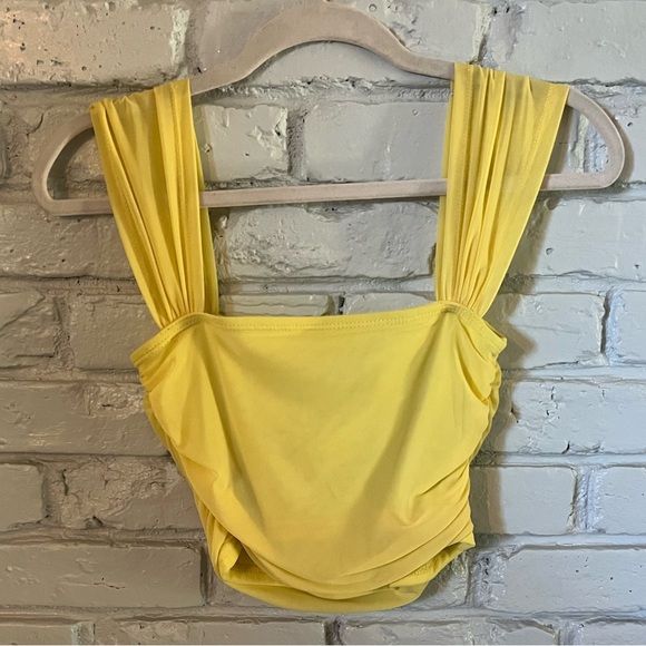 🍋yellow corset top🍋 wide mesh straps | ruched side / straps | square neckline - Picture 2 of 3
